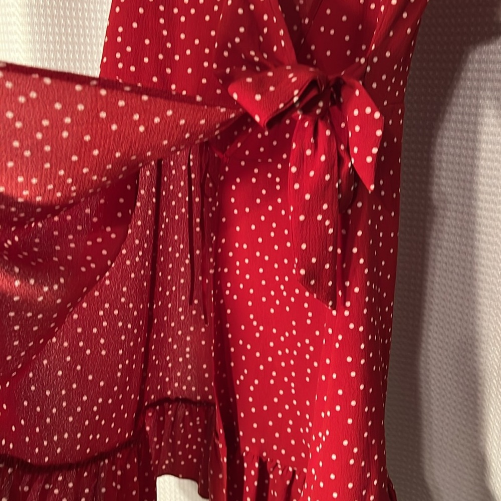Relipop Women’s Wrap with Ruffle Hem Mini Red with white polka dot Dress - Picture 8 of 13